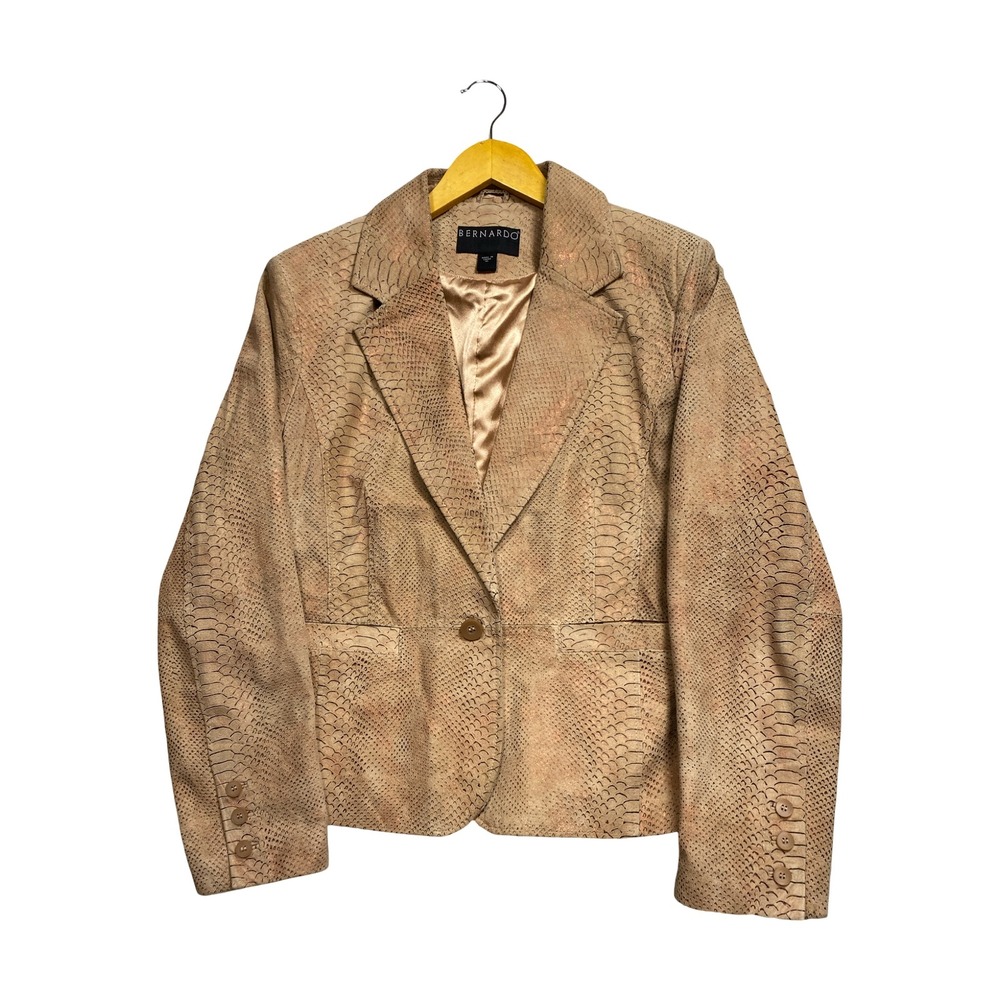 Bernardo Womens Tan Snakeskin Embossed Genuine Leather Blazer Jacket Neutral XL
